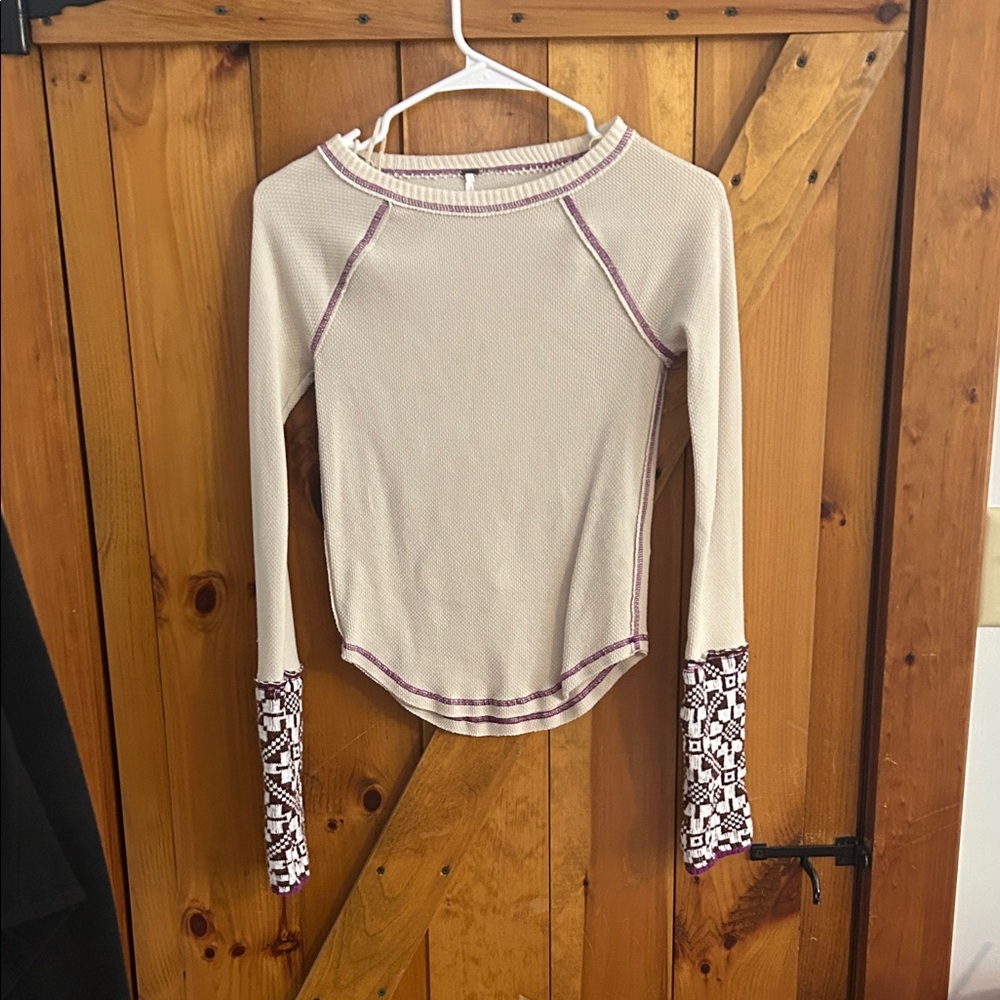 Free People Cream and Purple Long Sleeve Tee